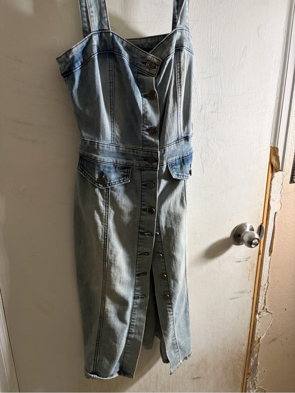 Indigo Light Blue Button-Front Denim Overall Dress